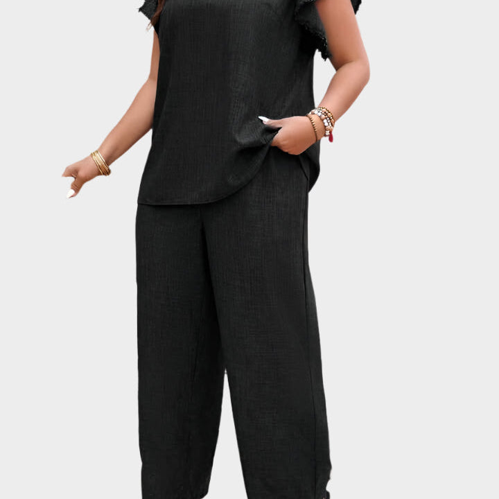 Lilový Lněný Set S Topem Se Volány A Kalhotami Letní Dny