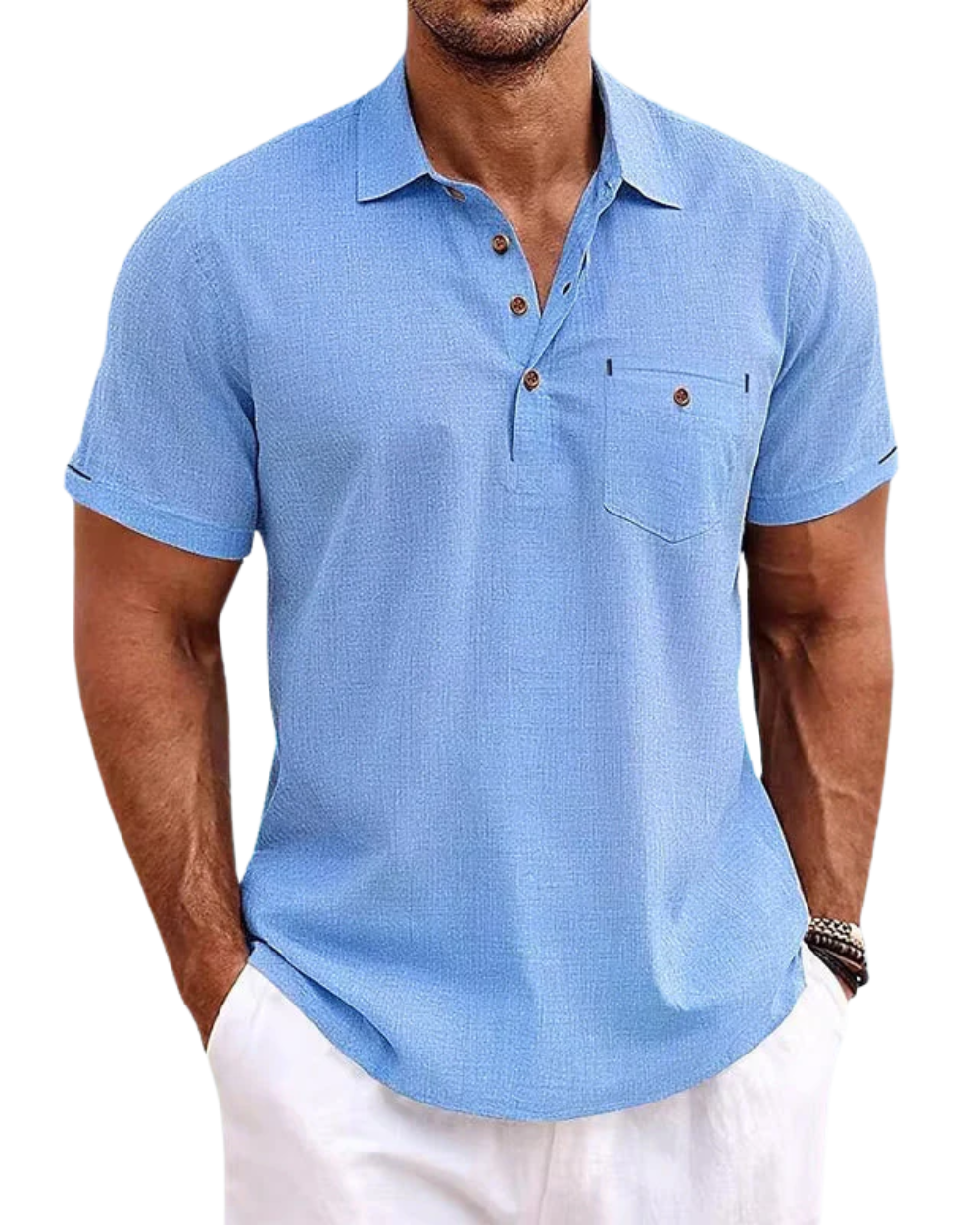Pánské Lněné Polo Tričko - barva Light Blue - fotografie 1