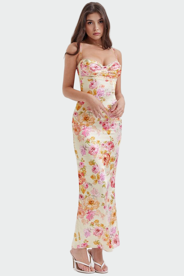 Róžo Satén Floral Maxi Šaty Formující Střih Elegantní Vzhled - fotografie 1