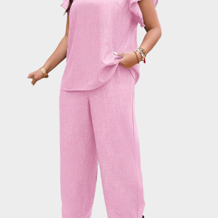 Lilový Lněný Set S Topem Se Volány A Kalhotami Letní Dny