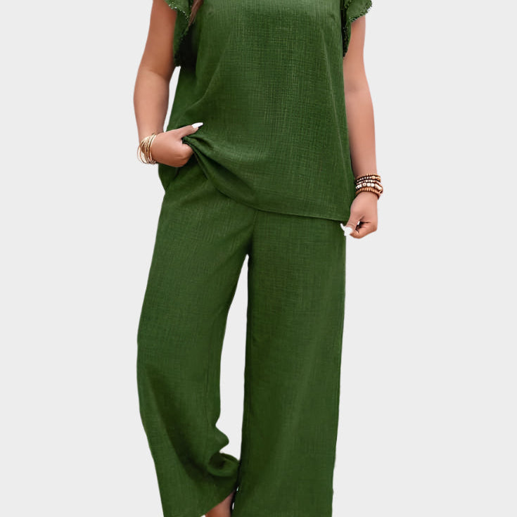 Lilový Lněný Set S Topem Se Volány A Kalhotami Letní Dny